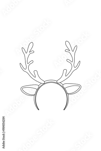 Simple coloring book, winter accessories, headband with reindeer antlers , black and white, line art on white background.