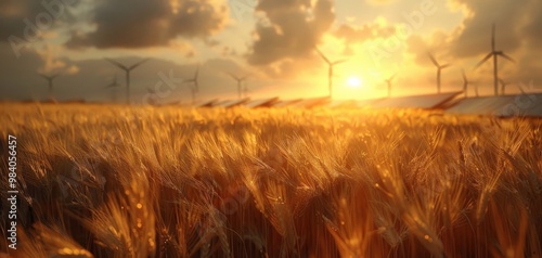 Golden wheat field under a sunset sky with wind turbines in the background, creating a serene landscape. photo