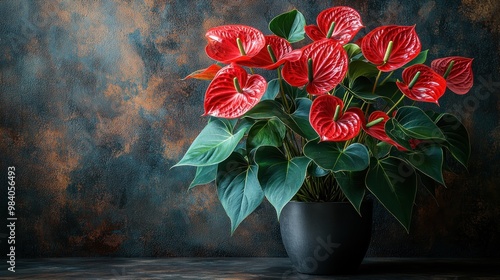 Vibrant red anthurium plant in a dark, textured setting. photo