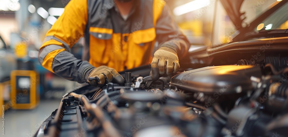 Mechanic working on car engine in a garage with tools and equipment, focused on repair and maintenance. Mechanic working on car engine in a garage with tools and equipment, focused on repair and maintenance.