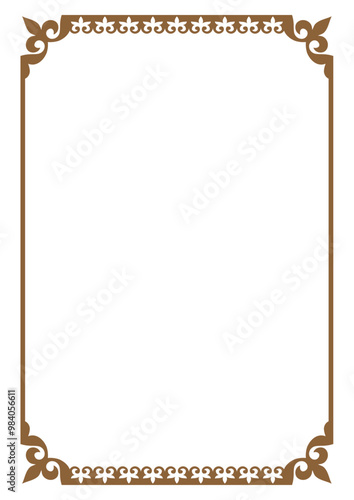 Monochrome gold rectangular Vertical Islamic Asian national ornament frame. A4 format. Islamic Asian pattern frame, border, decorative ornament of Kazakh, Kyrgyz, Mongol, Uzbek, Tajik. Diploma award