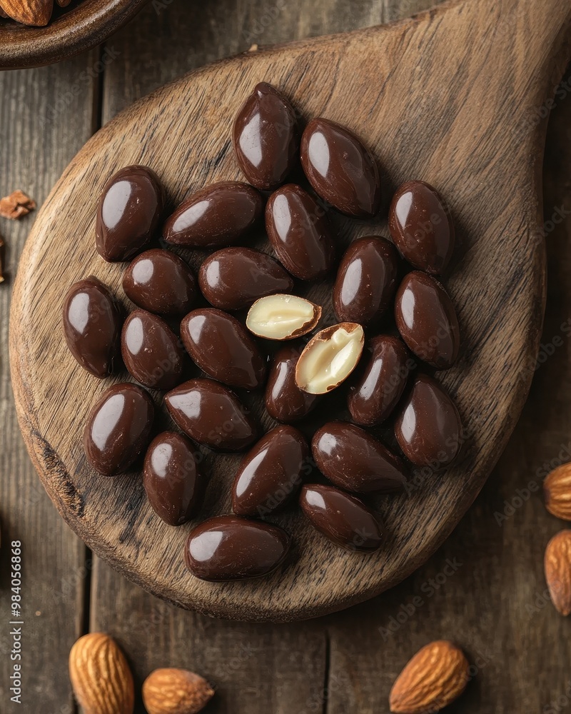 A wooden spoon filled with chocolate-covered almonds, showcasing a delicious snack. A wooden spoon filled with chocolate-covered almonds, showcasing a delicious snack.