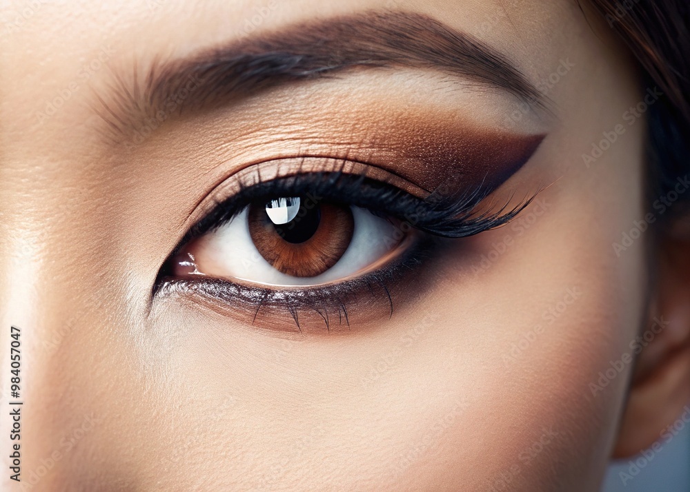 Obraz premium A Asian eye with delicate eyelashes and subtle eyeliner, featuring its distinctive almond shape and gentle slant, reveals its subtle beauty.