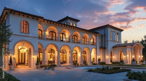 A sprawling off-white painted mansion at dusk, its elegant arches and columns illuminated by warm exterior lights