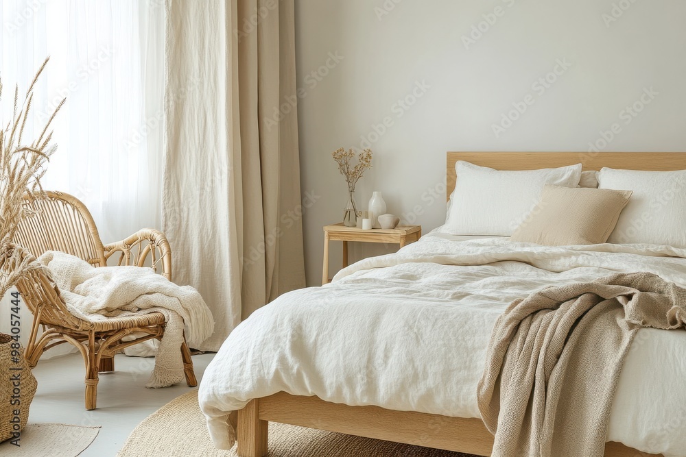 A cozy, minimalist bedroom featuring a low wooden bed with white and beige bedding A cozy, minimalist bedroom featuring a low wooden bed with white and beige bedding