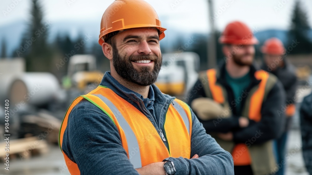 Happy Construction Worker on Job Site Smiling Brightly Happy Construction Worker on Job Site Smiling Brightly