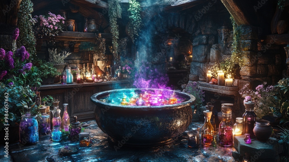 Enchanting Witch's Kitchen with Bubbling Cauldron and Magical Potions, Candles, and Herbs in Dark Atmosphere