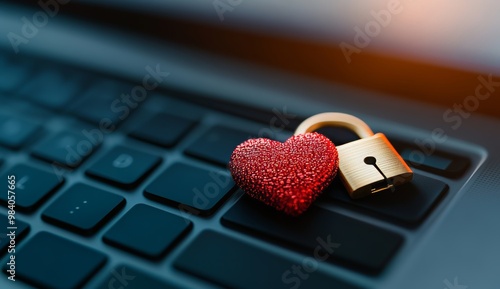 Laptop with open lock and heart shaped padlock symbolizing digital security in love