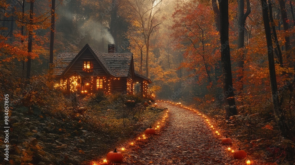 Enchanted Autumn Retreat: Cabin Adorned with Halloween Decor Surrounded by Colorful Fall Foliage Along Forest Path Enchanted Autumn Retreat: Cabin Adorned with Halloween Decor Surrounded by Colorful Fall Foliage Along Forest Path
