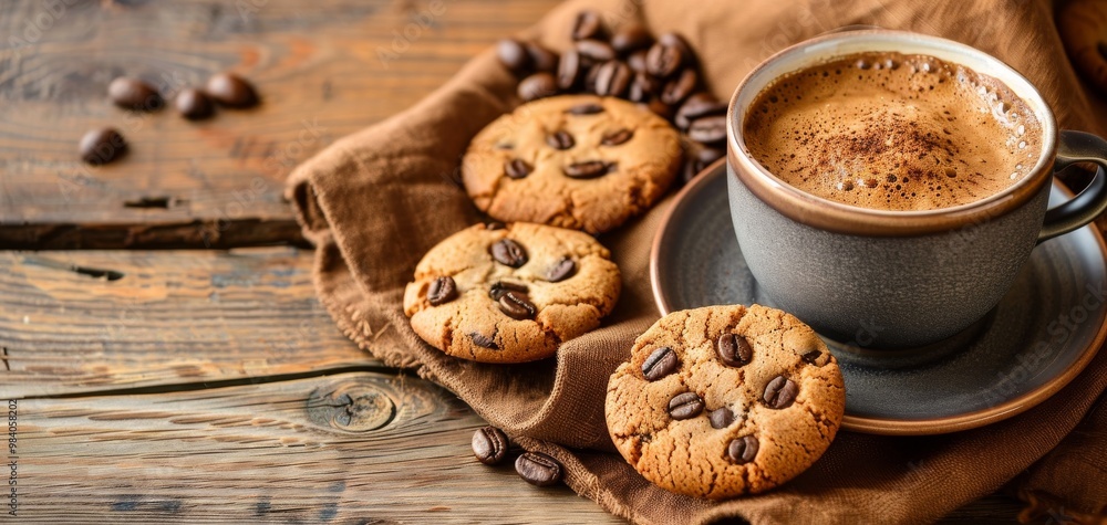 Delicious cookies with coffee on wooden table, perfect for a cozy treat and a delightful snack experience. Delicious cookies with coffee on wooden table, perfect for a cozy treat and a delightful snack experience.