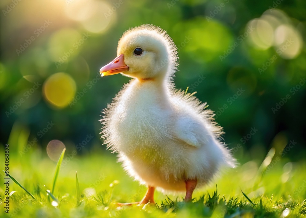 Obraz premium A fluffy white Long Island Pekin duckling with bright orange beak and feet stands on green grass, its soft feathers glistening in the warm sunlight.