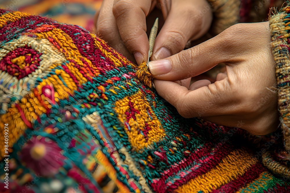 Intricate hand embroidery on colorful textile close-up: craftsmanship and detail Intricate hand embroidery on colorful textile close-up: craftsmanship and detail