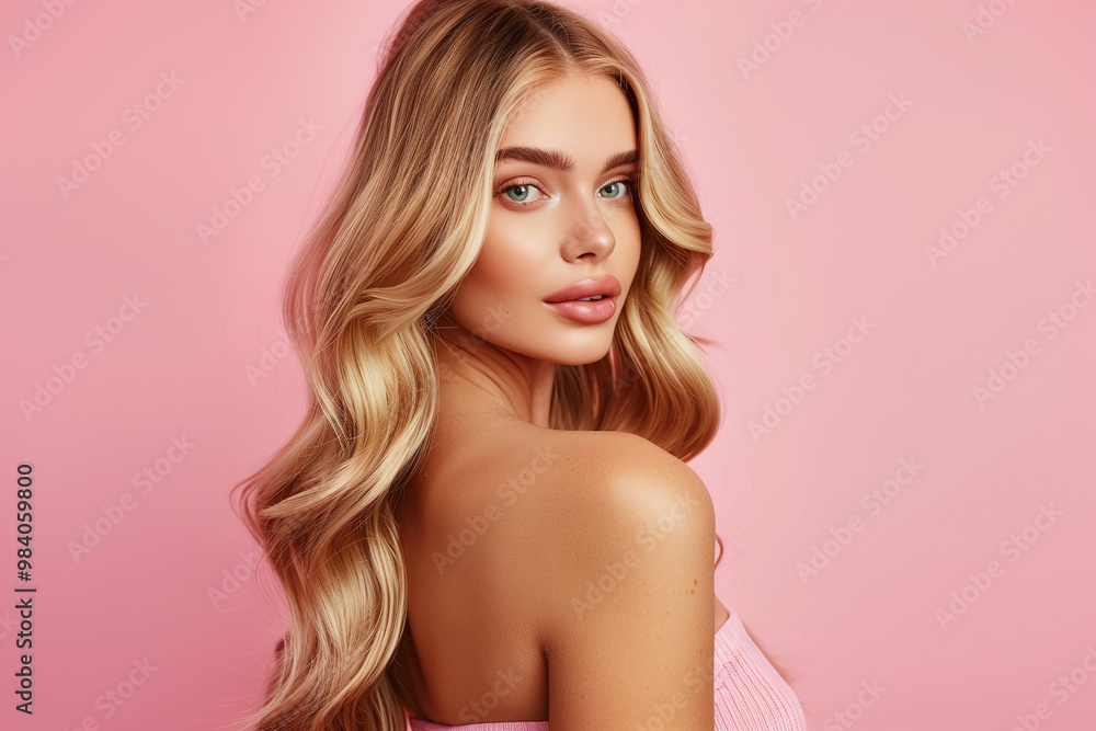 Naklejka premium Shiny blonde woman with long wavy hair on pink background. Beautiful face close-up. Haircare, salon cosmetic and coiffure concept