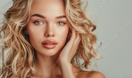 Fashionable young woman with blonde wavy hair and natural make-up on gray studio wall background