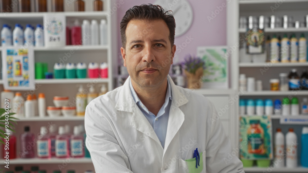 Handsome hispanic man in a white lab coat standing in an indoor pharmacy setting showcasing various colorful products on shelves Handsome hispanic man in a white lab coat standing in an indoor pharmacy setting showcasing various colorful products on shelves