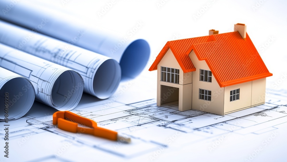 3D house illustration on construction blueprints with architectural plans 3D house illustration on construction blueprints with architectural plans