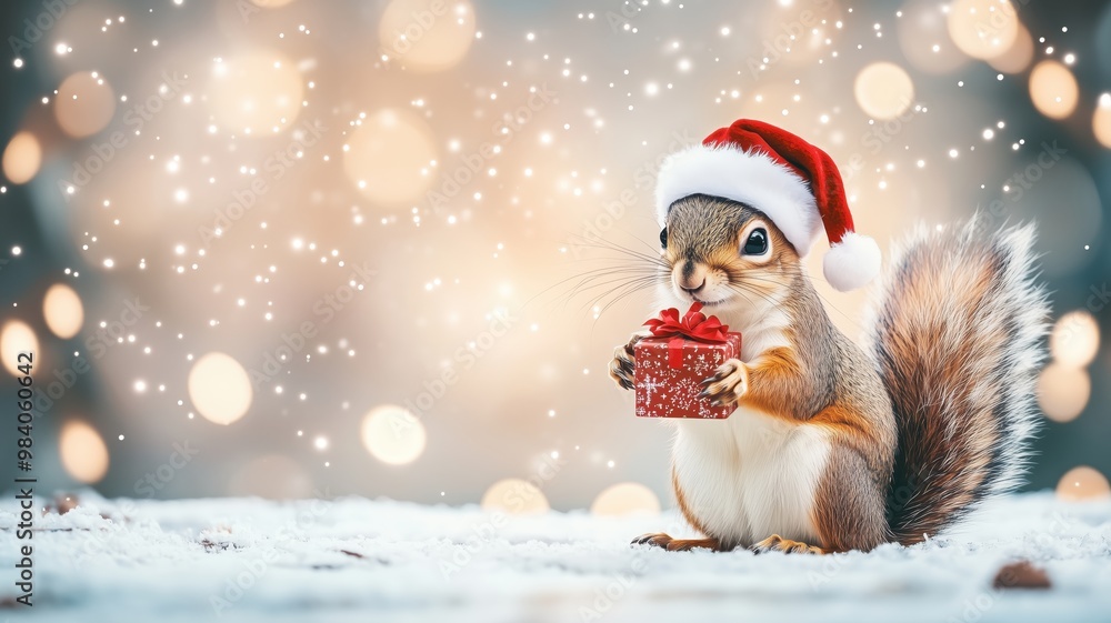 A cheerful squirrel wearing a Santa hat holds a festive gift amid a snowy background with sparkling bokeh lights. A cheerful squirrel wearing a Santa hat holds a festive gift amid a snowy background with sparkling bokeh lights.
