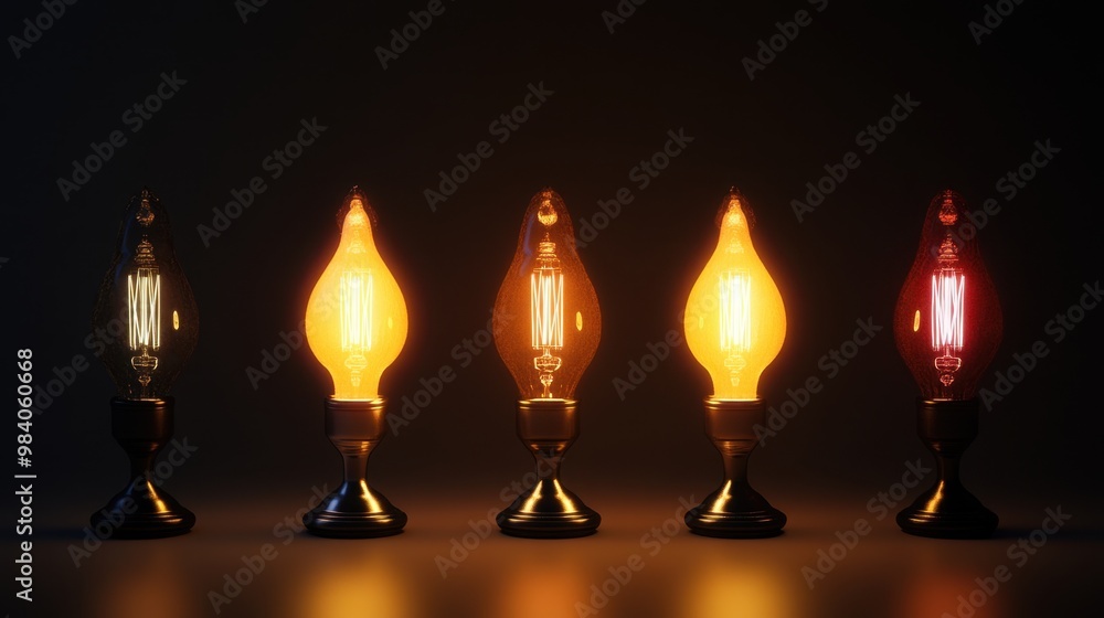 Evolution of lighting from warm candlelight to bright LED illumination Four stages of light progression representing modern advancements in technology Evolution of lighting from warm candlelight to bright LED illumination Four stages of light progression representing modern advancements in technology
