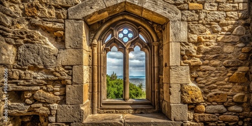 A narrow slit of light pierces the stone walls  filtering through ornate carvings of symbolic creatures and vines.