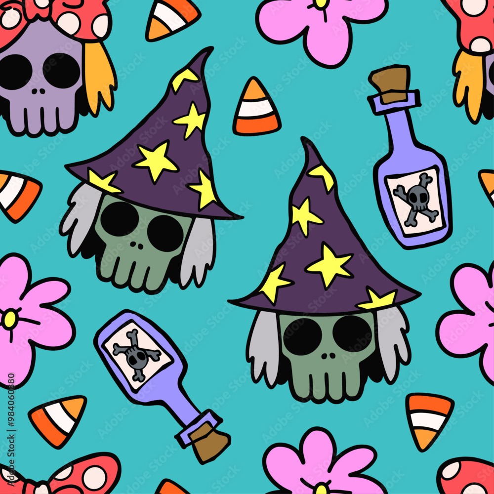 Seamless pattern of witch skull skeleton and bottle of poison. For halloween brightly colored theme. Pattern design for fabric, wrapping paper, wallpaper and fashion prints. Seamless pattern of witch skull skeleton and bottle of poison. For halloween brightly colored theme. Pattern design for fabric, wrapping paper, wallpaper and fashion prints.