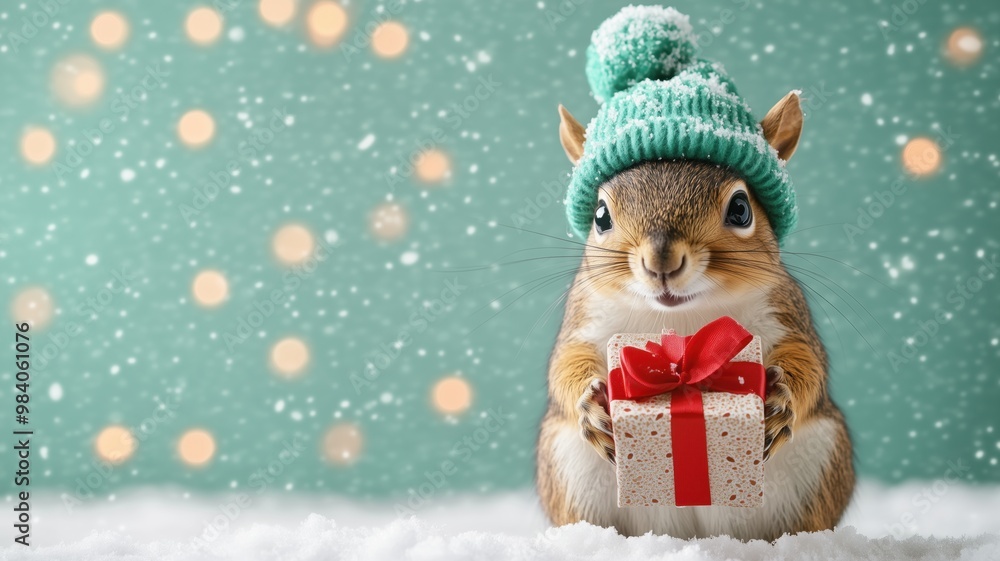 A cute squirrel wearing a festive hat holds a tiny gift against a serene, snowy backdrop, capturing the spirit of the holiday season. A cute squirrel wearing a festive hat holds a tiny gift against a serene, snowy backdrop, capturing the spirit of the holiday season.
