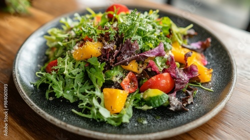 A beautifully arranged plate of fresh, colorful ingredients featuring a gourmet salad, showcasing healthy eating, organic food, and culinary creativity. Great for food blogs, restaurants, and menus.