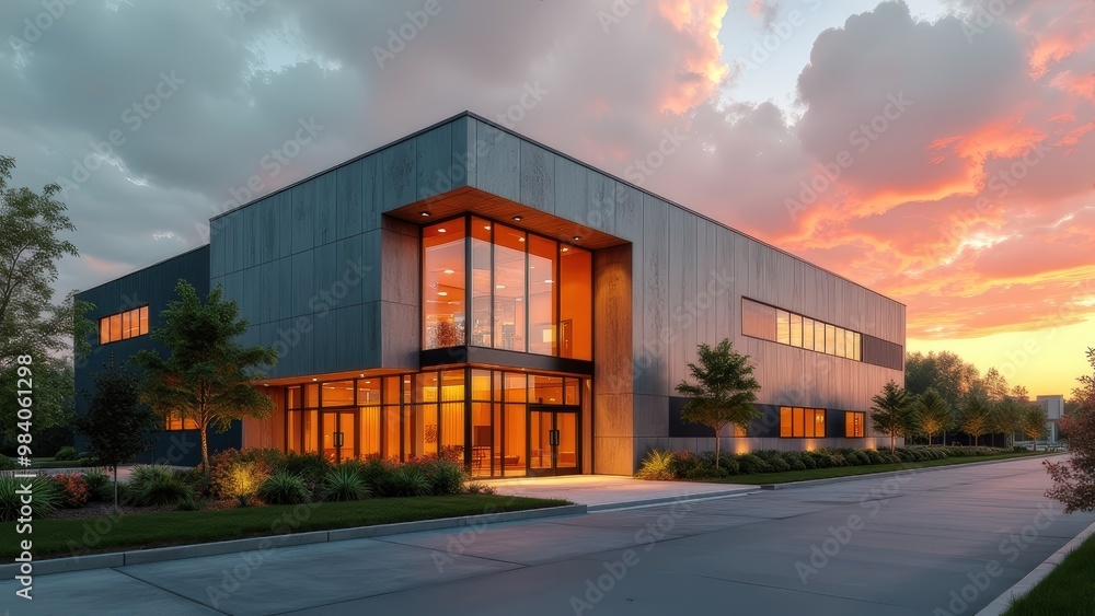 Serenity in Design: A Modern Industrial Building at Sunset Serenity in Design: A Modern Industrial Building at Sunset