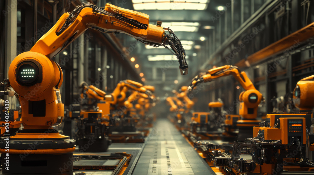 Industrial automation with robotic arms working in a modern assembly line during daylight hours in a high-tech factory Industrial automation with robotic arms working in a modern assembly line during daylight hours in a high-tech factory