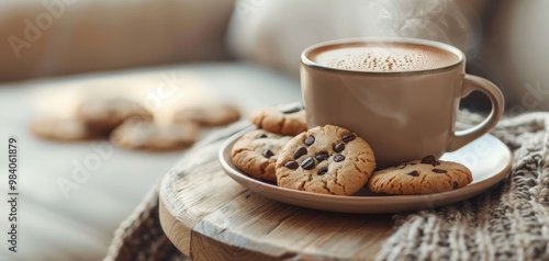 A cozy scene featuring a cup of coffee and delicious chocolate chip cookies on a wooden table.