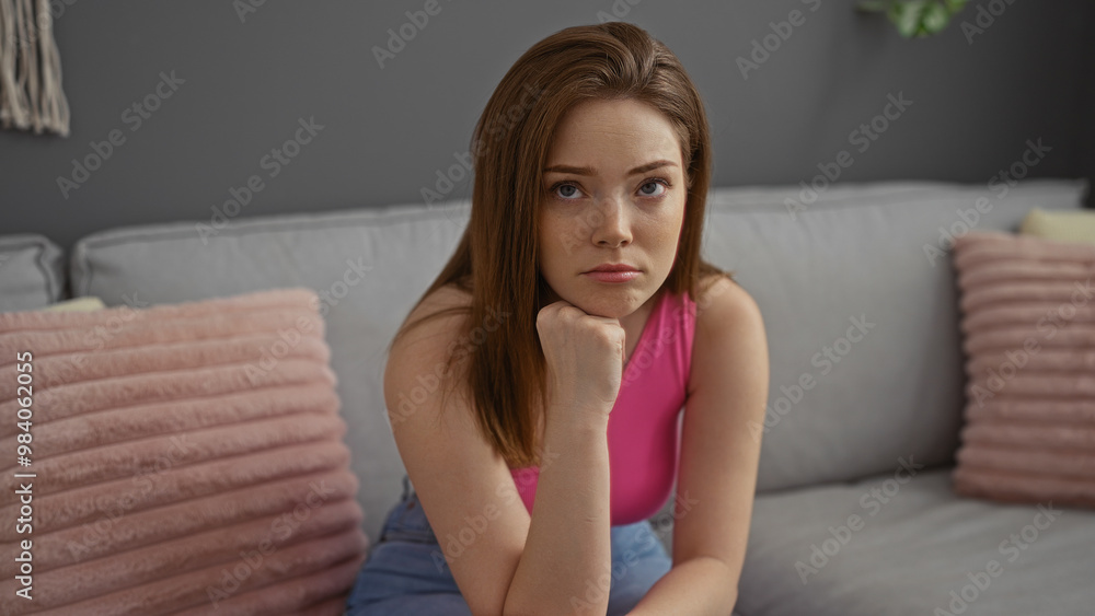 Young, attractive, caucasian, redhead, woman sitting in a modern living room with her head resting on her hand, looking contemplative and surrounded by soft, pastel decor within a cozy home. Young, attractive, caucasian, redhead, woman sitting in a modern living room with her head resting on her hand, looking contemplative and surrounded by soft, pastel decor within a cozy home.