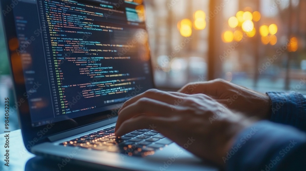 A close-up of a programmer's hands typing on a laptop keyboard with code displayed on the screen, symbolizing software development, coding, and modern technology. A close-up of a programmer's hands typing on a laptop keyboard with code displayed on the screen, symbolizing software development, coding, and modern technology.