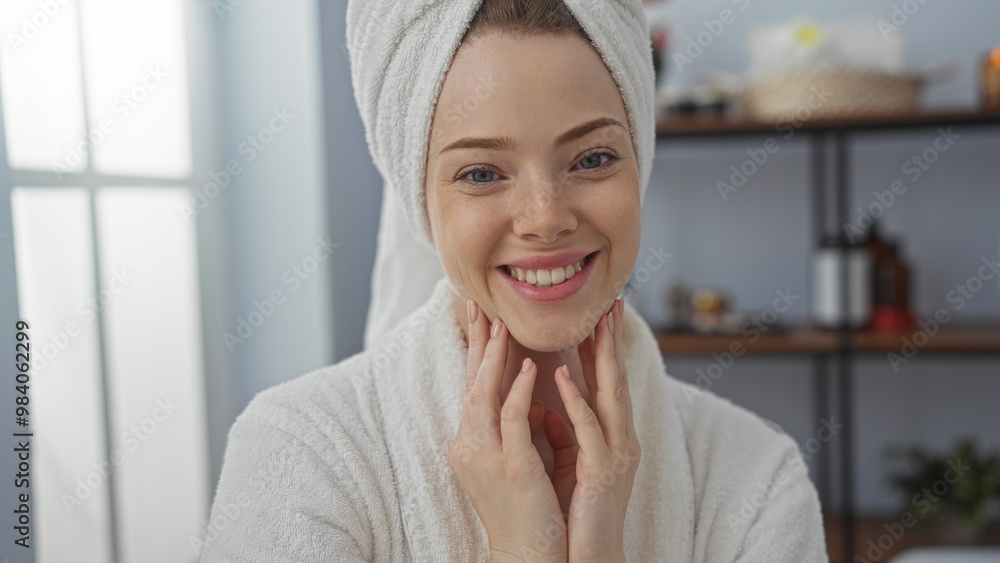 Smiling, young, woman with a towel on her head and wearing a white bathrobe in a spa setting, showcasing beauty and wellness indoors Smiling, young, woman with a towel on her head and wearing a white bathrobe in a spa setting, showcasing beauty and wellness indoors