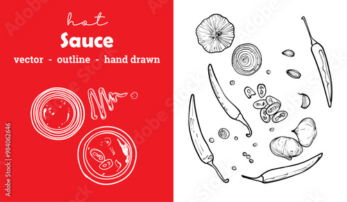 Vector hand drawn outline only hot sauce. Glass recipients with yummy sauce and ingredients on the side. Awesome food assets for menu design, online and print projects.