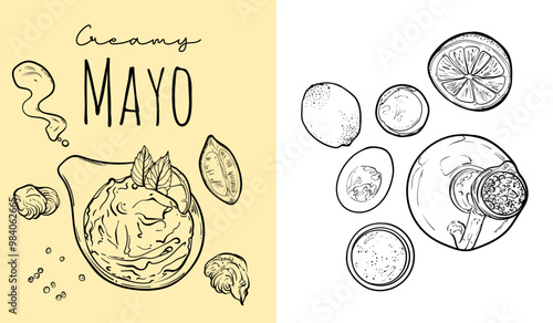 Vector hand drawn outline only mayonnaise. Creamy mayo with ingredients on the side. Awesome food assets for menu design, online and print projects.