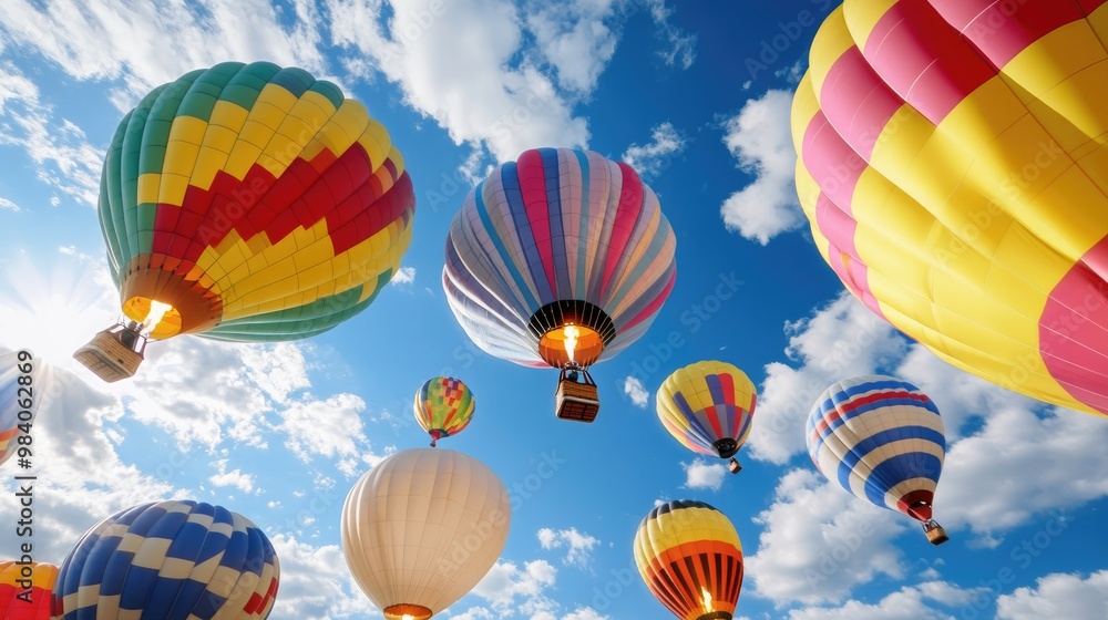Fototapeta premium Colorful hot air balloons float against a bright blue sky with fluffy clouds, creating a vibrant and uplifting scene.