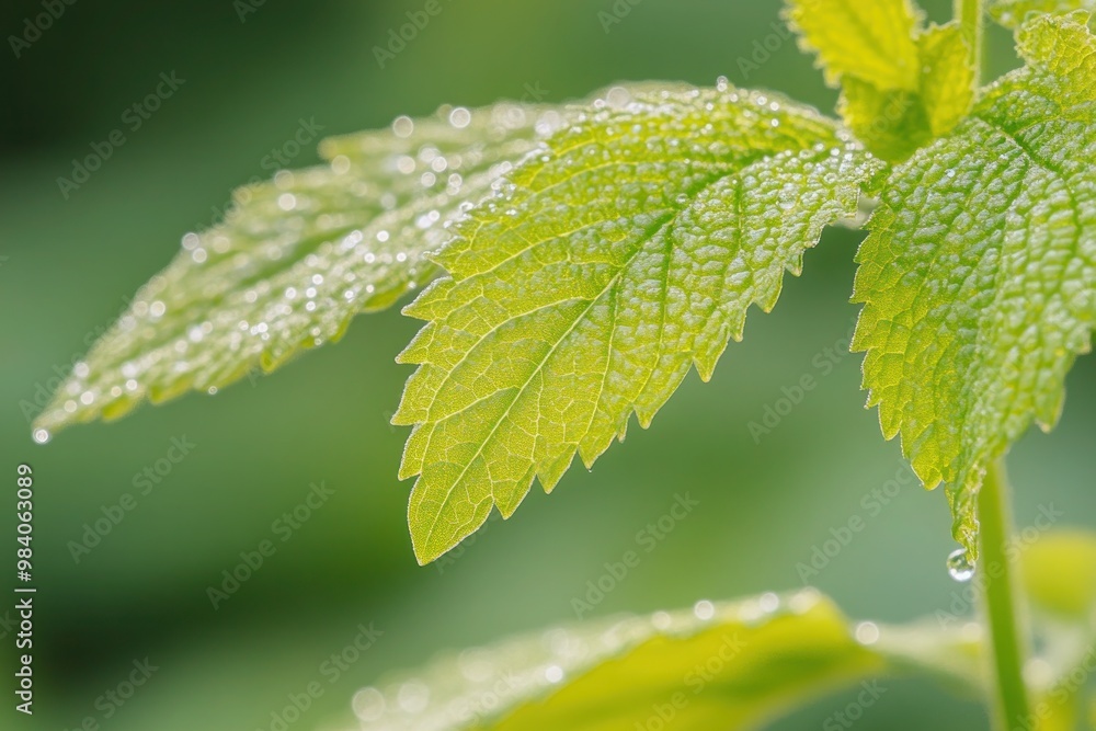 the slender leaves of a Lemon Balm plant, with a hint of morning dew. The plant's calming and anti-anxiety properties are implied through the freshness and tranquility the slender leaves of a Lemon Balm plant, with a hint of morning dew. The plant's calming and anti-anxiety properties are implied through the freshness and tranquility