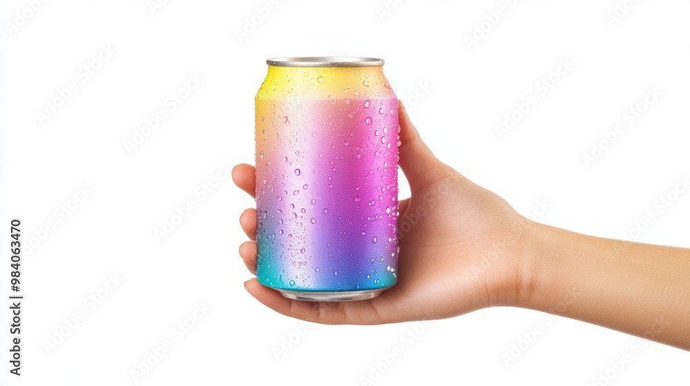 Obraz premium hand holding a colorful soda can on white background