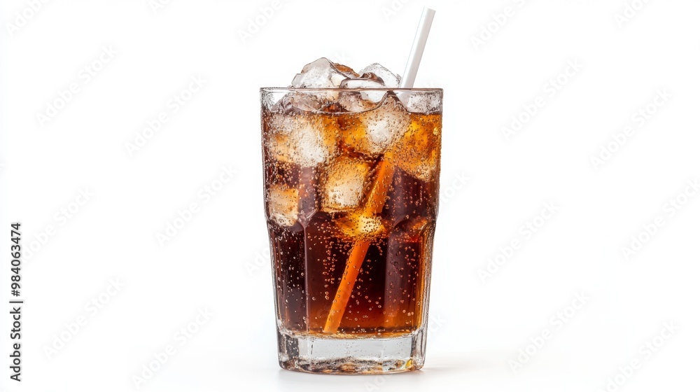 glass of soda with a straw filled with ice on white background glass of soda with a straw filled with ice on white background