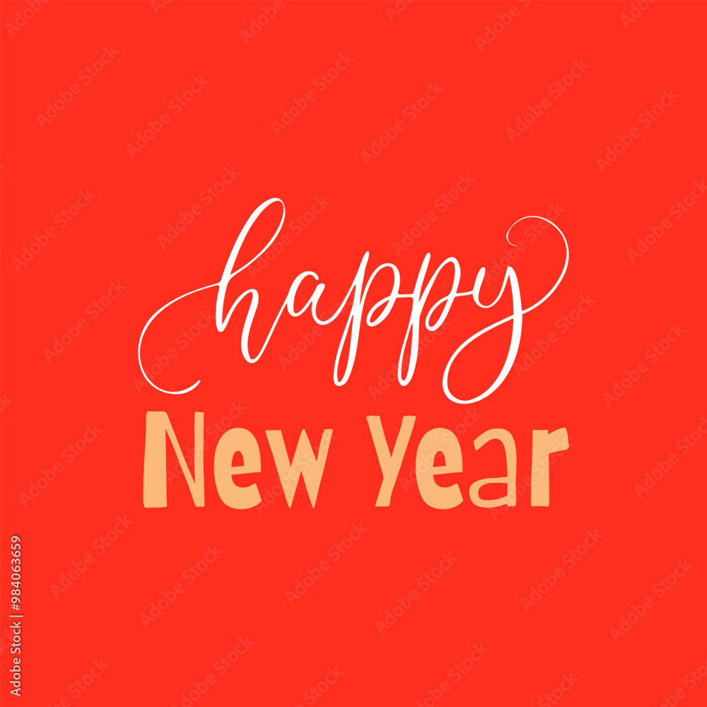 Square bright red New Year greeting card with calligraphic lettering. Cover poster banner. Square bright red New Year greeting card with calligraphic lettering. Cover poster banner.