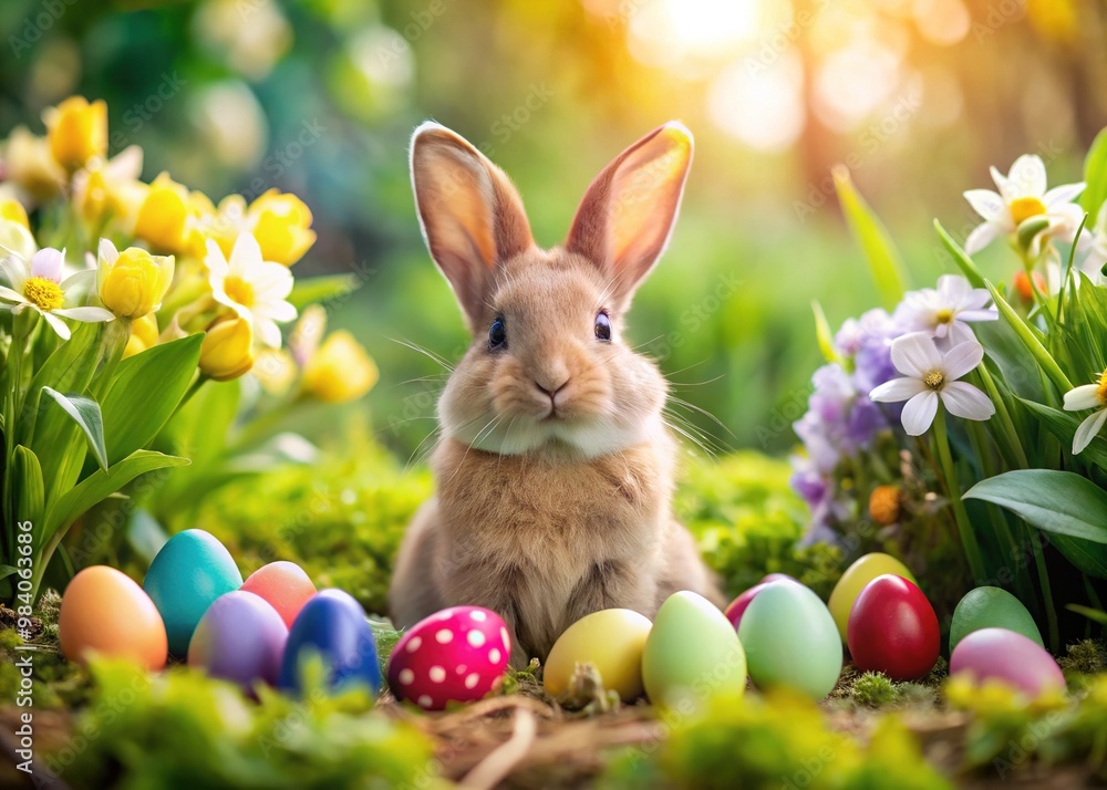 Adorable rabbit in a spring garden, surrounded by colorful eggs, blooming flowers, and lush greenery, symbolizing Easter joy and new life. Adorable rabbit in a spring garden, surrounded by colorful eggs, blooming flowers, and lush greenery, symbolizing Easter joy and new life.