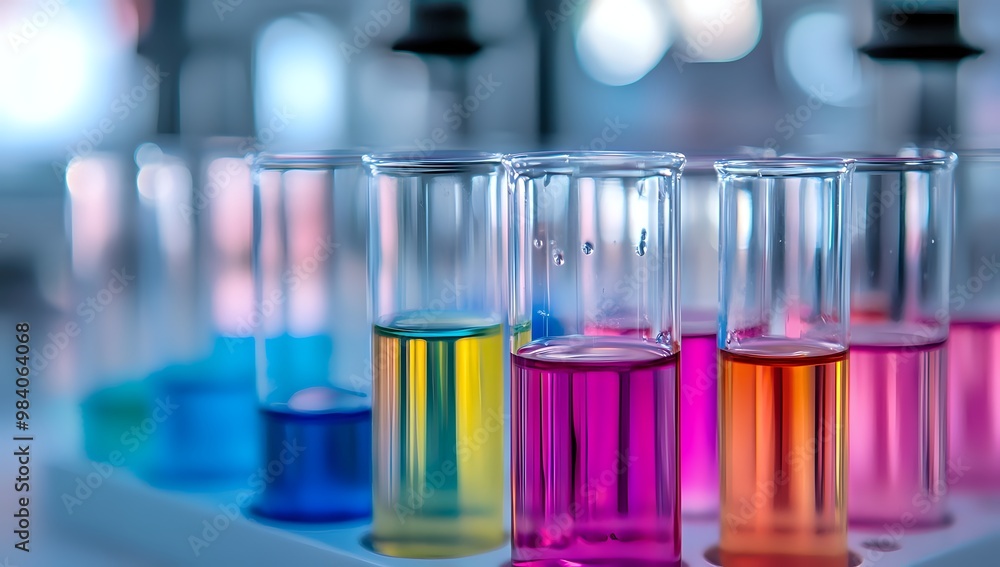 Close-up of colorful liquids in test tubes in a laboratory setting. Close-up of colorful liquids in test tubes in a laboratory setting.