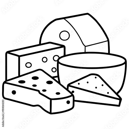 various types of cheese outline coloring book page line art drawing