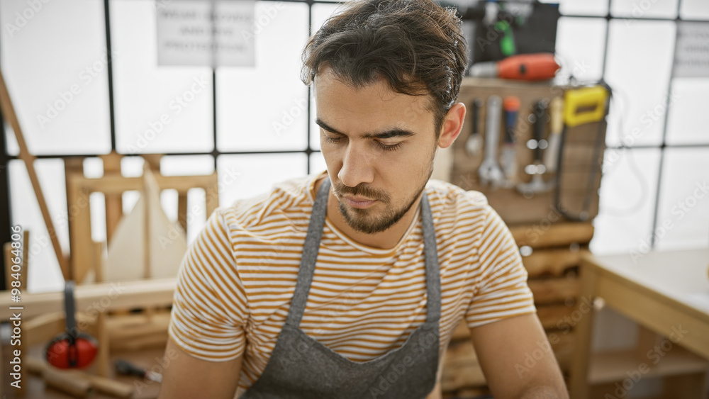 A focused hispanic man with a beard works skillfully in a well-equipped carpentry workshop. A focused hispanic man with a beard works skillfully in a well-equipped carpentry workshop.