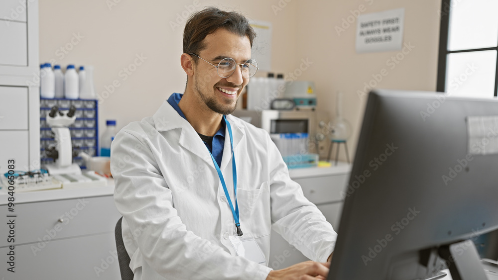 Smiling young hispanic man with beard in lab coat using computer in laboratory setting Smiling young hispanic man with beard in lab coat using computer in laboratory setting