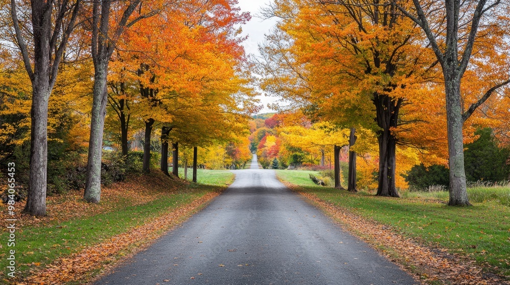 Tall autumn trees with orange and yellow leaves stand along both sides of a quiet driveway Their branches form a natural arch overhead Tall autumn trees with orange and yellow leaves stand along both sides of a quiet driveway Their branches form a natural arch overhead