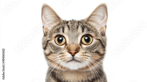 Silver tabby cat gazes directly into the camera Its fur details stand out against the seamless white background highlighting its expressive face