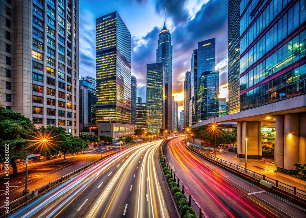 Obraz premium Fast-paced city scene at dusk with blurred car lights, neon signs, and towering skyscrapers, capturing the dynamic energy of urban motion and activity.