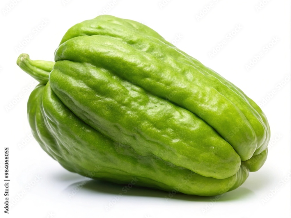 Fresh green chayote fruit, also known as mirliton or christophine, isolated on white background, showcasing its unique shape and vibrant green skin, ripe for cooking. Fresh green chayote fruit, also known as mirliton or christophine, isolated on white background, showcasing its unique shape and vibrant green skin, ripe for cooking.