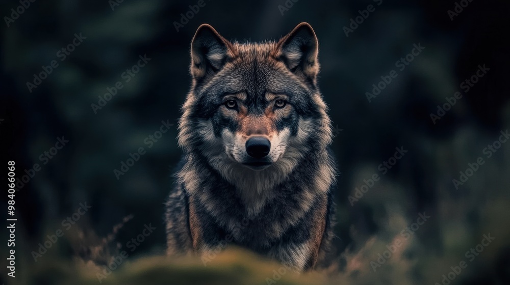 Portrait of a grey wolf standing alert against a darkened forest background Its sharp gaze and strong features are highlighted in natural light Portrait of a grey wolf standing alert against a darkened forest background Its sharp gaze and strong features are highlighted in natural light