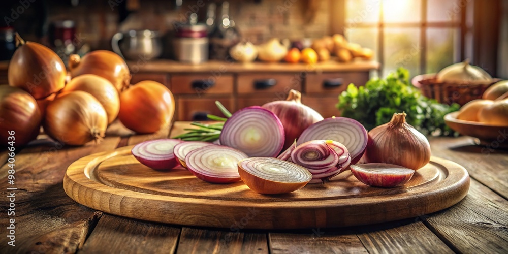 Freshly sliced onions in a neat circular pattern on a rustic wooden cutting board, with a blurred kitchen background and soft, warm lighting. Freshly sliced onions in a neat circular pattern on a rustic wooden cutting board, with a blurred kitchen background and soft, warm lighting.